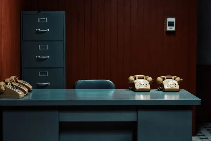 Retro-Büro mit alten Telefonen und Aktenschrank als Rätselkulisse